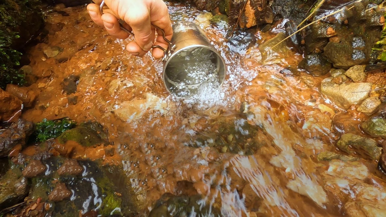 Stainless steel cup for drinking water in wilderness river
