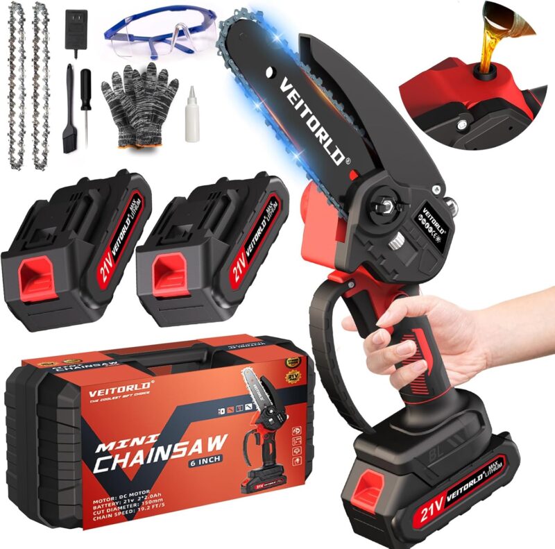 Veitorld® Mini Chainsaw, 6-Inch Electric Chainsaw Cordless With 2pcs 21V Battery